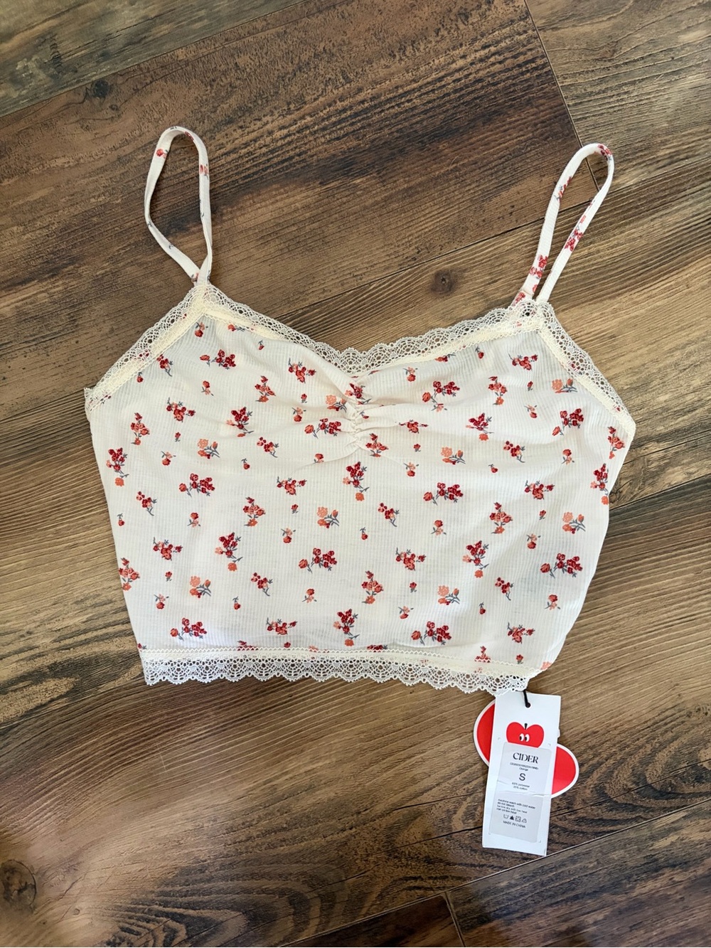 Cider Cream Floral Lace-Trim Cropped Tank